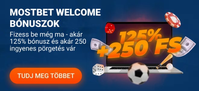 Mostbet üdvözlő bónusz banner, amely vonzó ajánlatokat tartalmaz új játékosok számára.